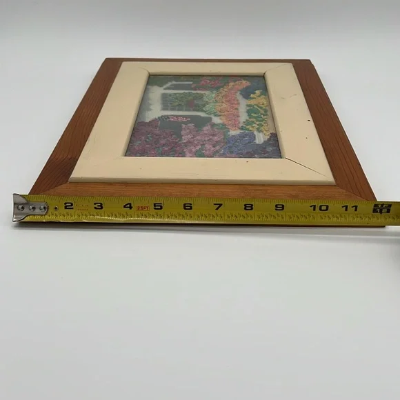 Signed Framed Crewel & Crossstitch Cottage/Garden Scene w/ American Flag - 15x12 - Picture 8 of 9